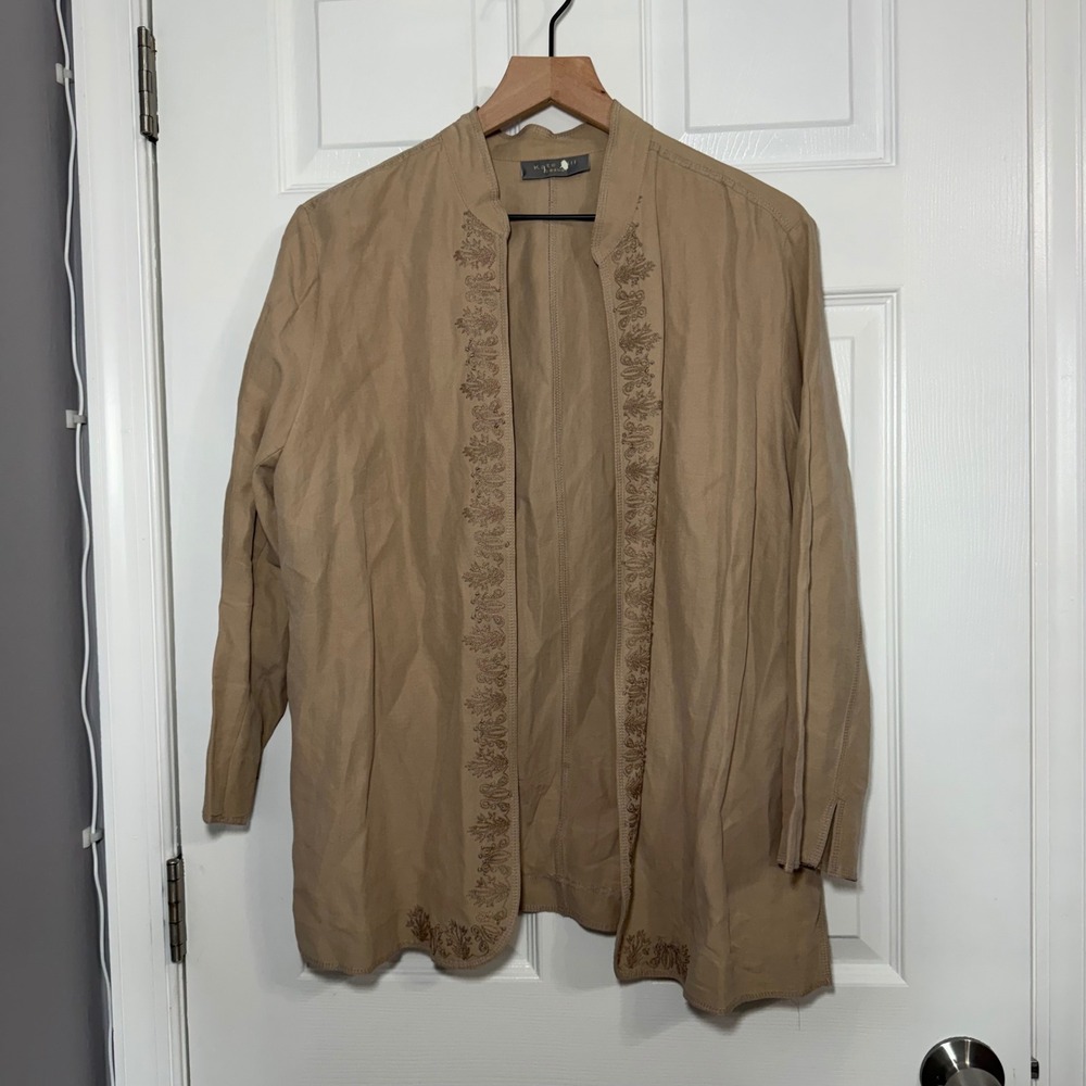 Kate Hill Casual Silk Linen Embroidered Open Front cardigan L lagenlook earthy